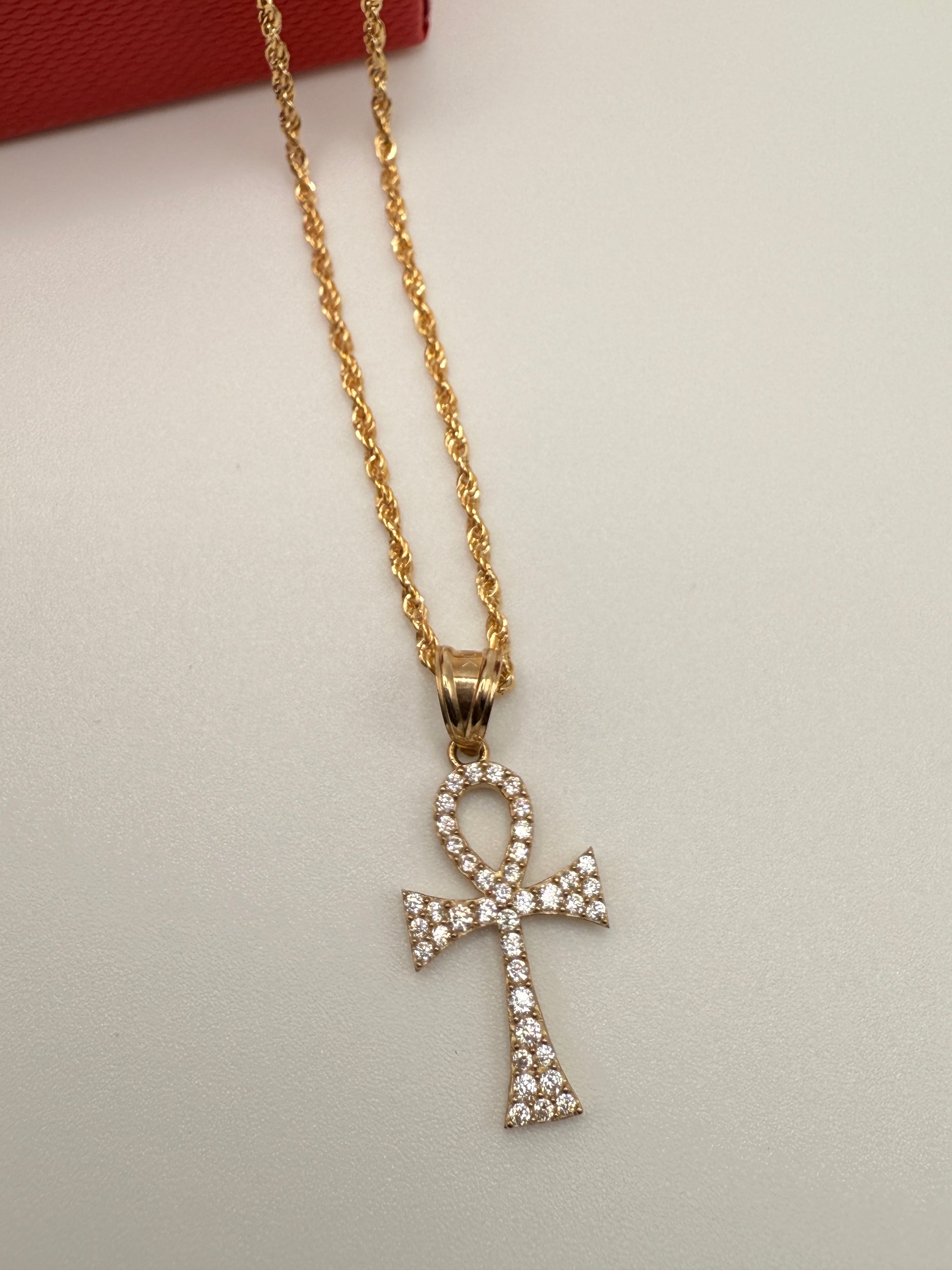 Zirconia Yellow Gold Ankh Cross Pendant Necklace