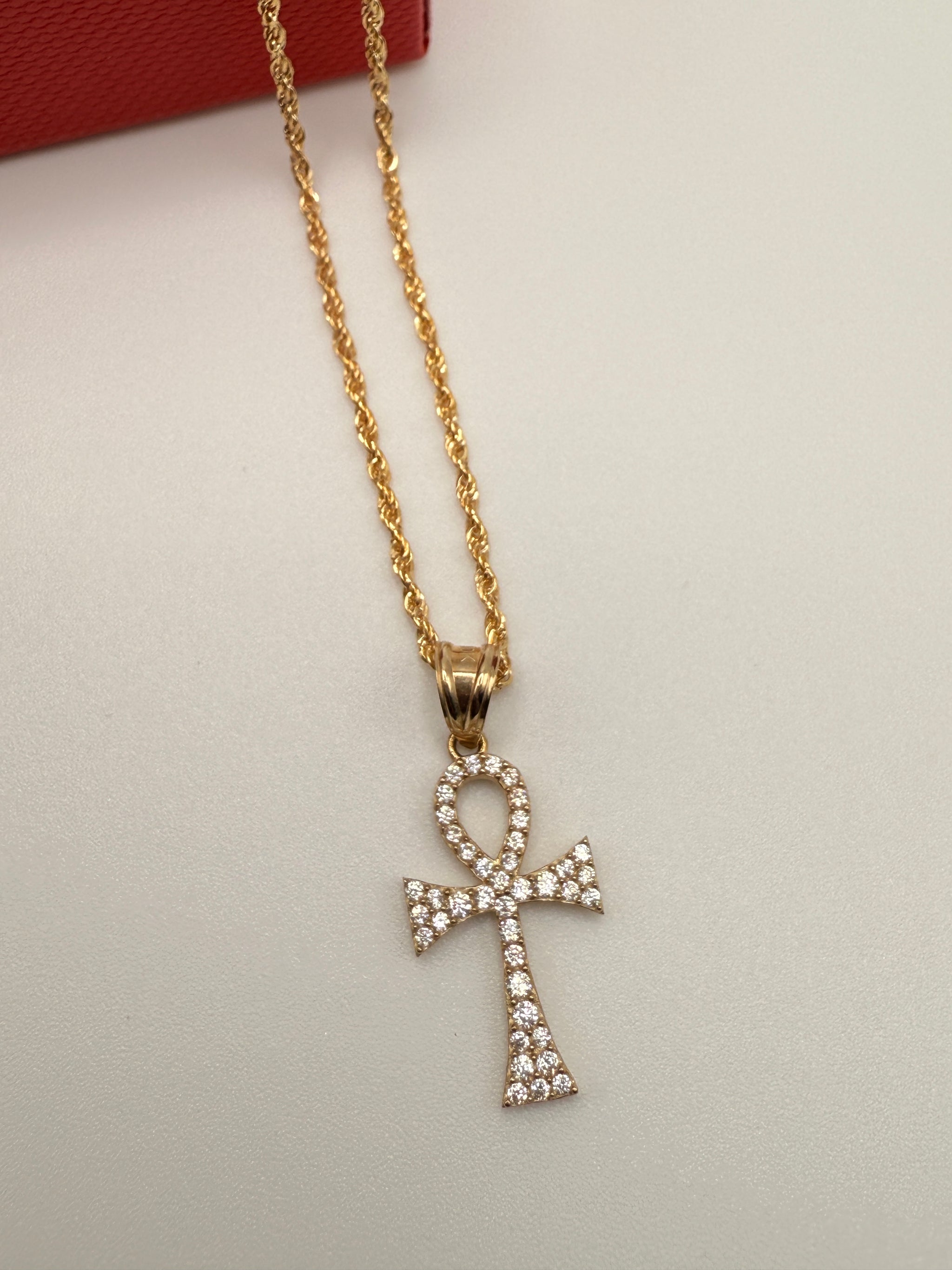 Zirconia Yellow Gold Ankh Cross Pendant Necklace