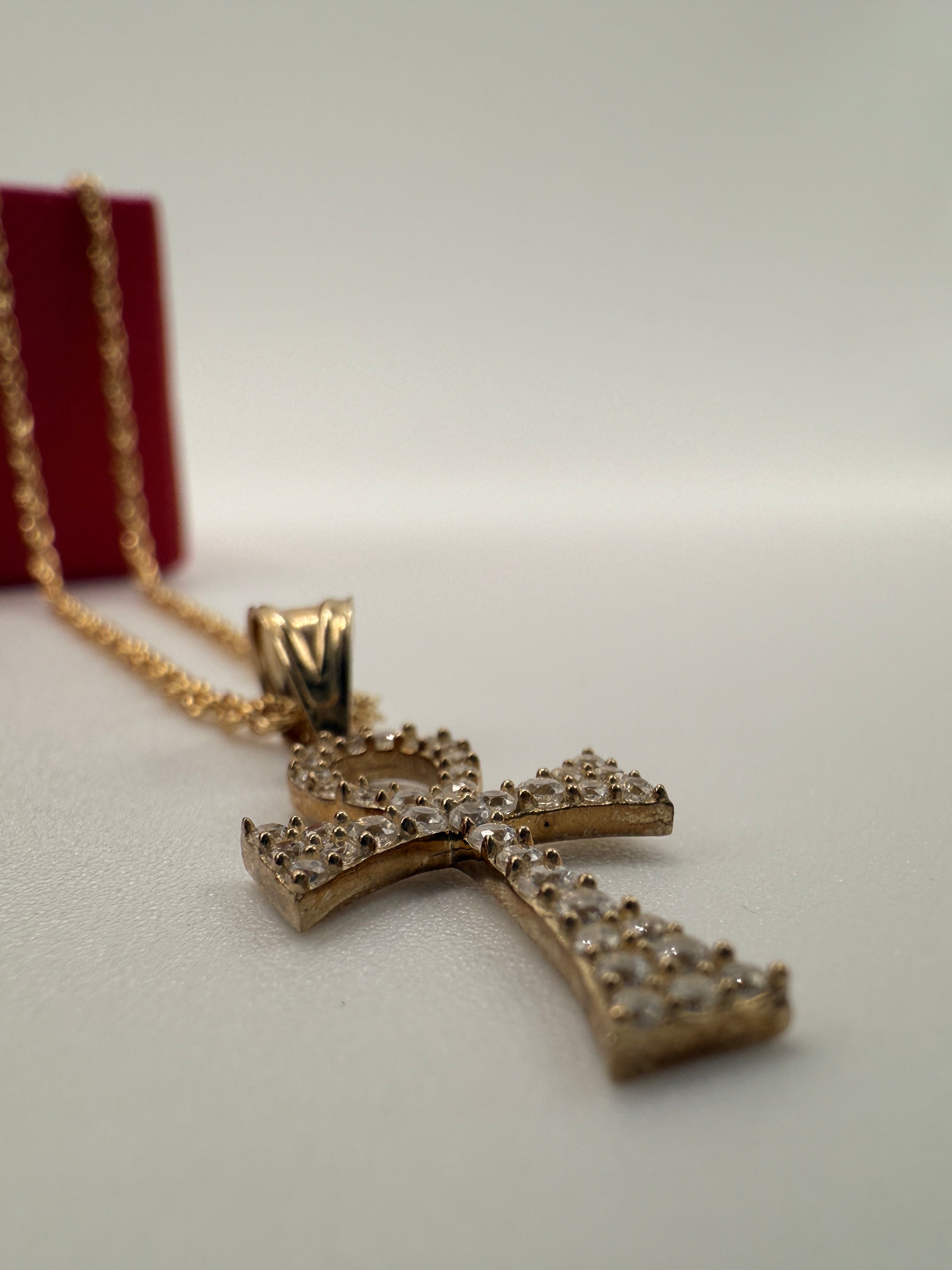 Zirconia Yellow Gold Ankh Cross Pendant Necklace