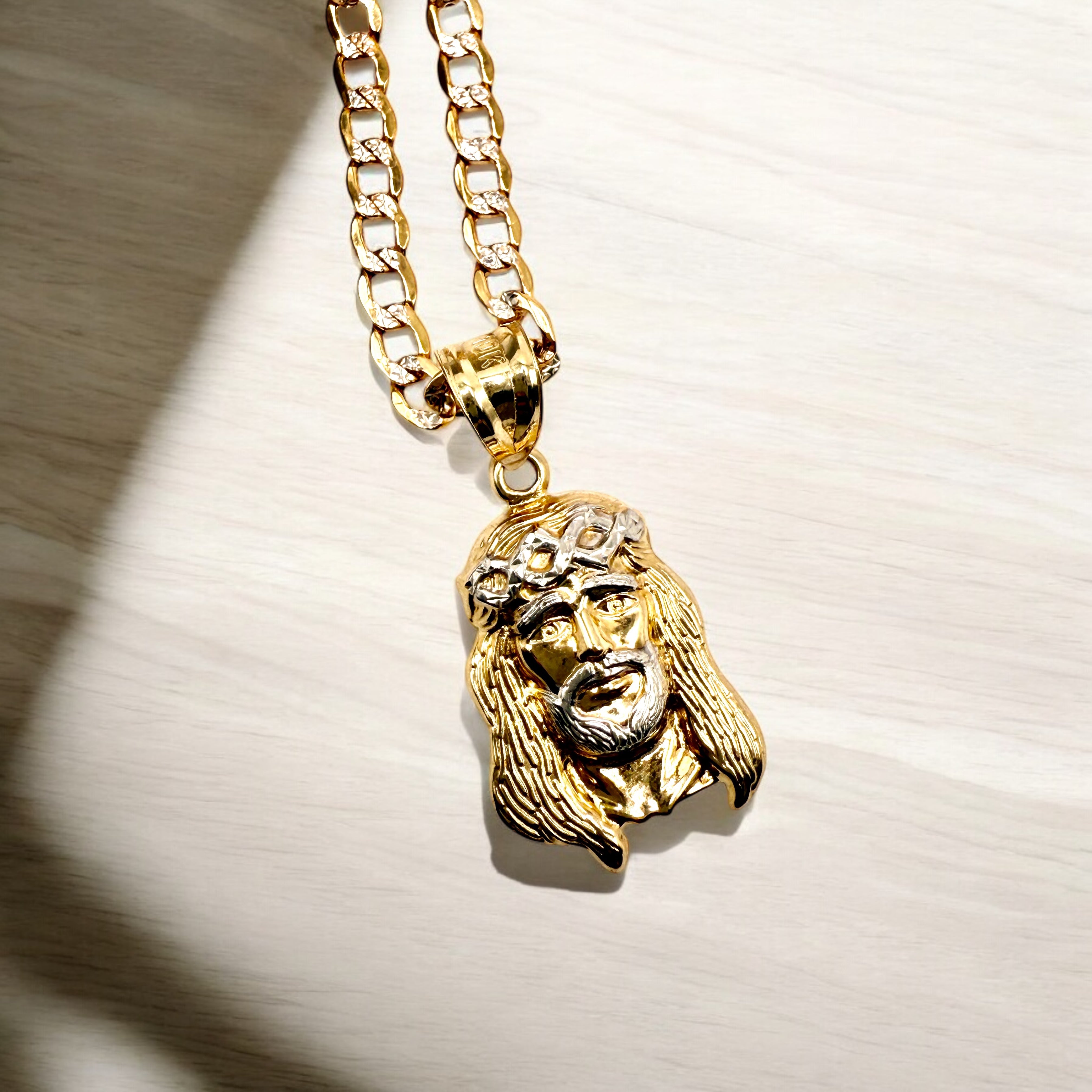 Gold Jesus pendant Big Pendant Christian pendant Handmade with Gourmette Chain